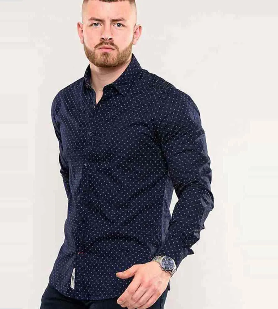 D555 Mens Navy Long Sleeve Printed Shirt (AUGUSTA)